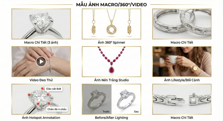 Trang danh mục & sản phẩm: ảnh 4K + macro + 360, thông số dễ đọc, CTA nổi
