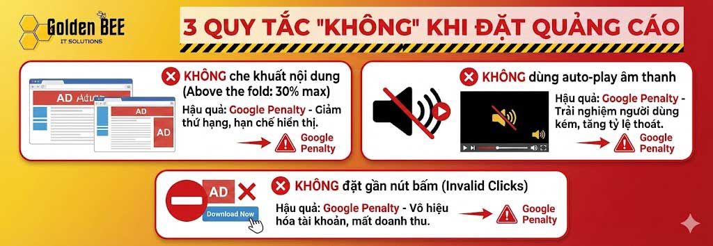 Infographic 3 nguyên tắc không khi đặt quảng cáo website: không che khuất nội dung, không auto-play âm thanh, không gần nút bấm