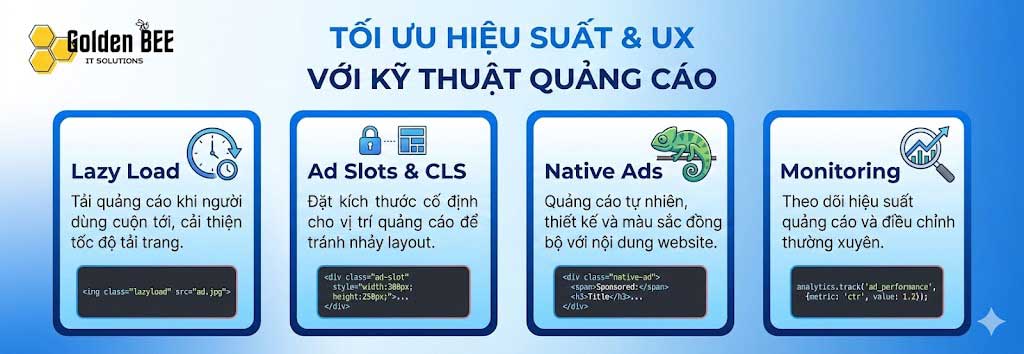 4 kỹ thuật tối ưu quảng cáo 2026: Lazy Load, Ad Slots, Native Ads, Monitoring và Core Web Vitals
