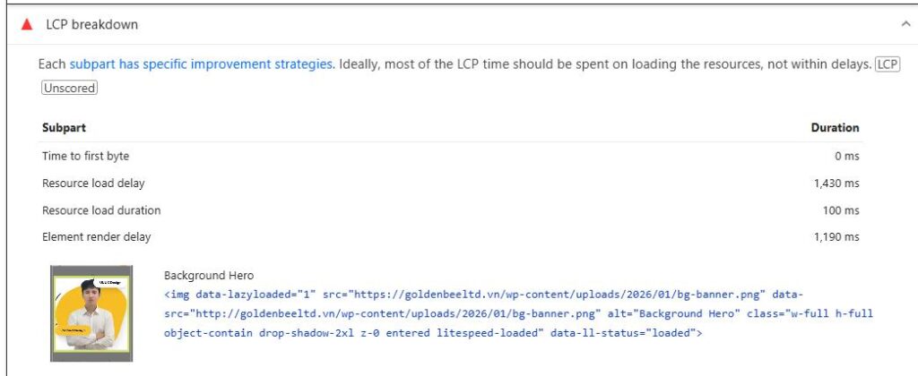 Each subpart has specific improvement strategies. Ideally, most of the LCP time should be spent on loading the resources, not within delays