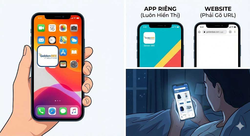 Smartphone home screen showing app icon for instant access vs website requiring browser navigation