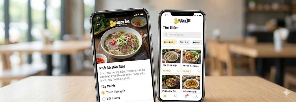 Food delivery app interface showing beautiful food images, detailed descriptions, customization options and search filters