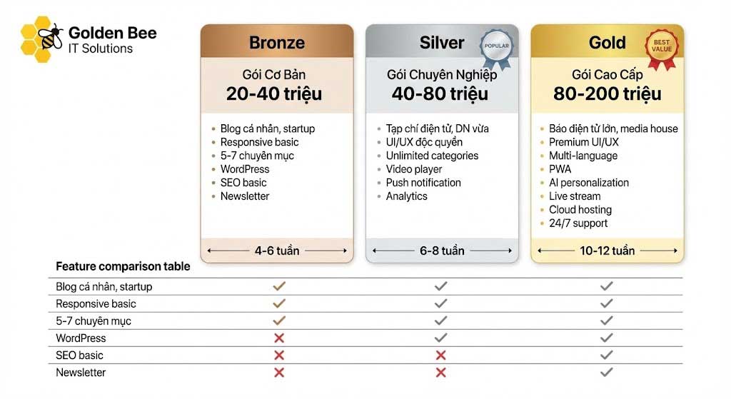 Bảng giá 3 gói dịch vụ thiết kế website tin tức từ 20 đến 200 triệu đồng