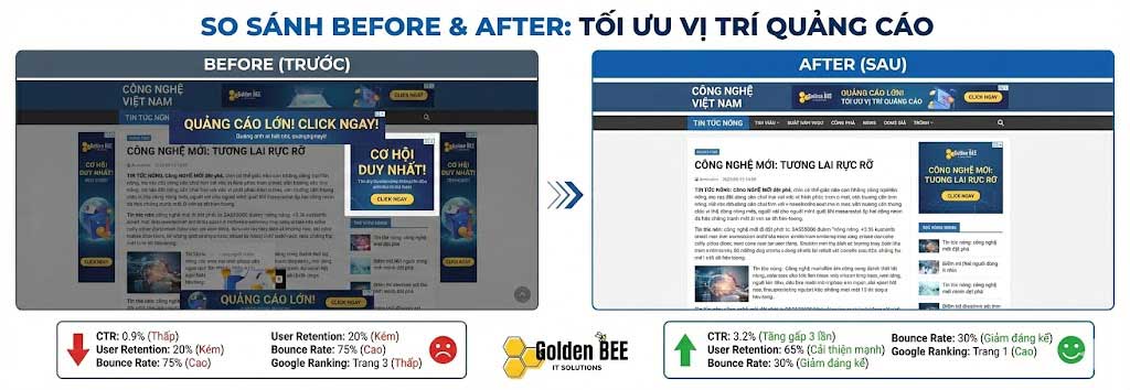 So sánh Before After website tin tức: quảng cáo lộn xộn vs bố cục tối ưu, hiển thị tăng CTR 40%, giảm bounce rate 25%