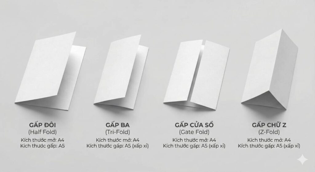 Các kiểu gấp brochure phổ biến như gấp đôi gấp ba và gấp chữ Z