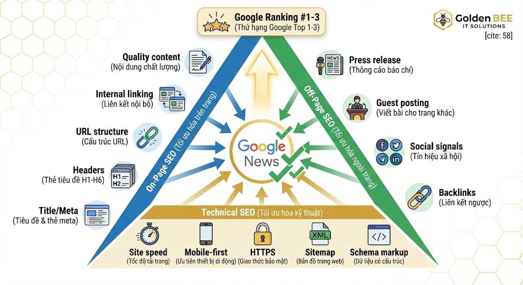 Chiến lược SEO website tin tức technical on-page off-page Google News optimization