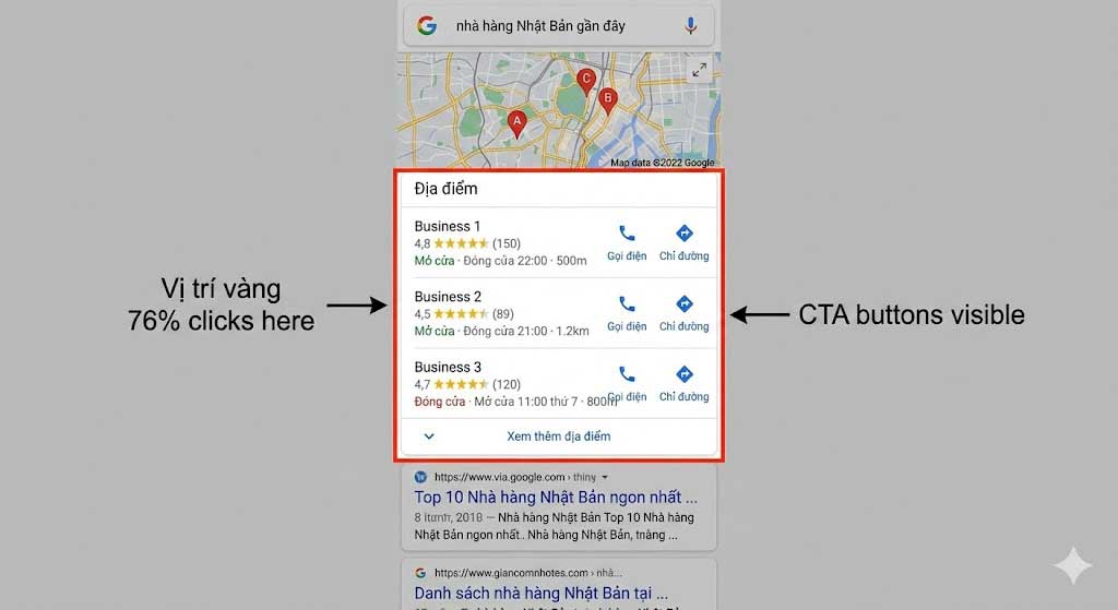 Google Local 3-Pack hiển thị top 3 doanh nghiệp trên bản đồ và danh sách kết quả