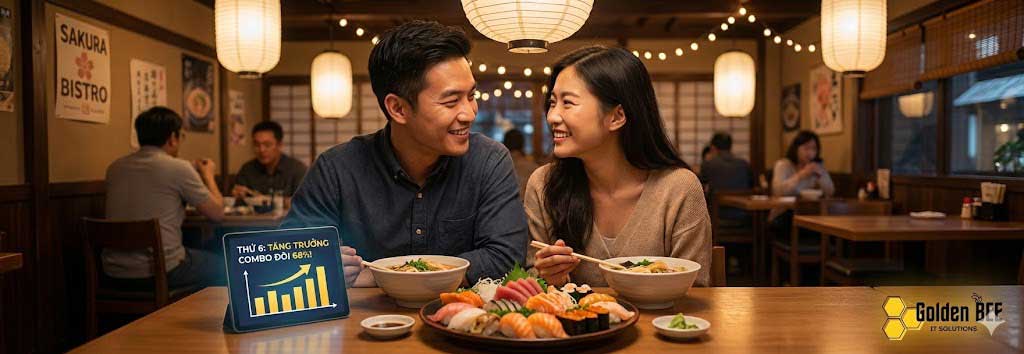 Japanese restaurant couple dining with happy hour promotion, 68% revenue increase on Friday night