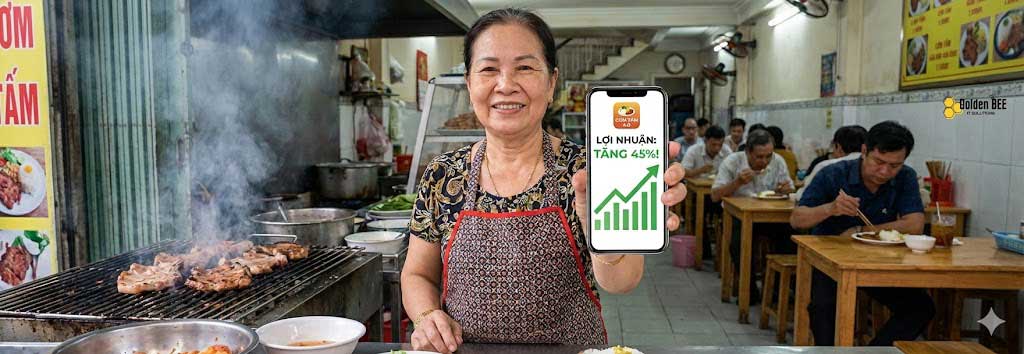 Restaurant owner showing smartphone with private food delivery app, achieving 45% profit increase