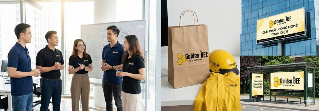 Các ấn phẩm văn phòng trong bộ nhận diện thương hiệu bao gồm danh thiếp, bì thư, thẻ nhân viên
