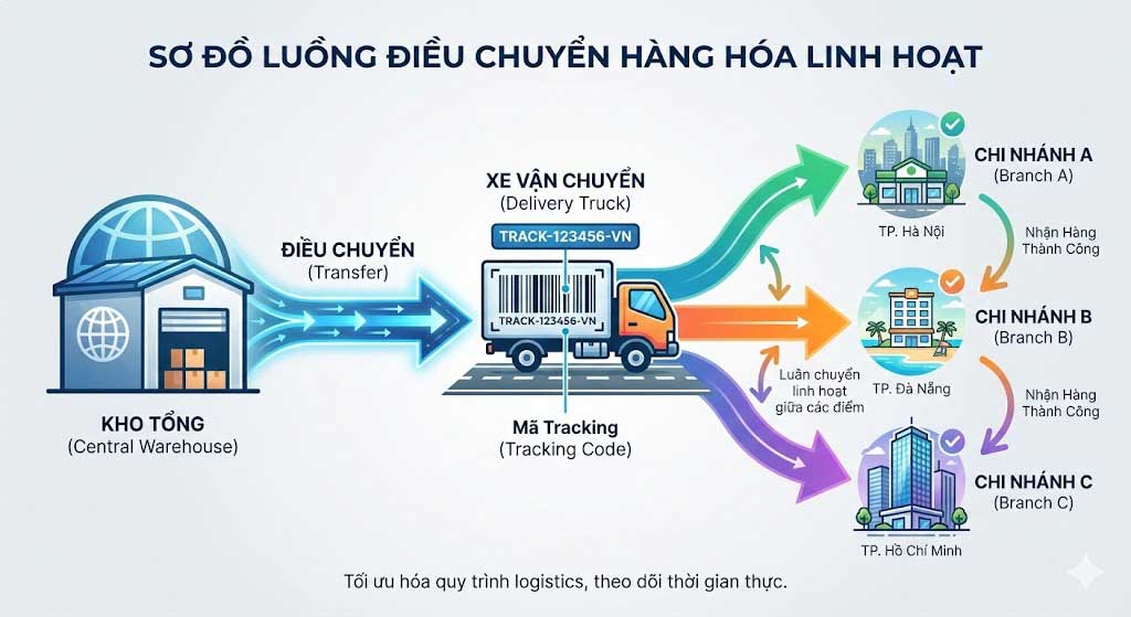 Sơ đồ quy trình quản lý kho vận và điều chuyển hàng hóa giữa các chi nhánh.
