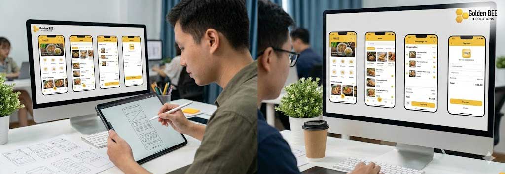 UI/UX design process showing multiple app screens with wireframes and design mockups on computer