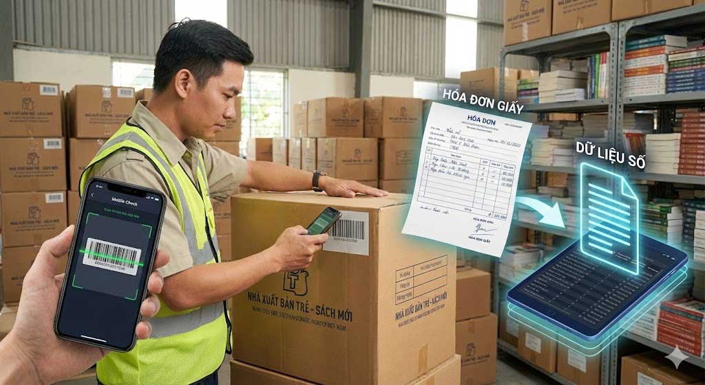 Nhân viên kho dùng ứng dụng Golden Bee quét mã vạch kiểm hàng.