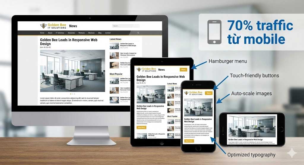 Website tin tức responsive hiển thị hoàn hảo trên desktop tablet mobile với adaptive layout