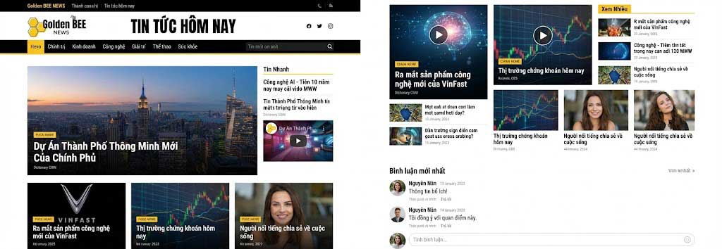 Mockup website tin tức hiển thị các chuyên mục, bài viết, video và tính năng tương tác