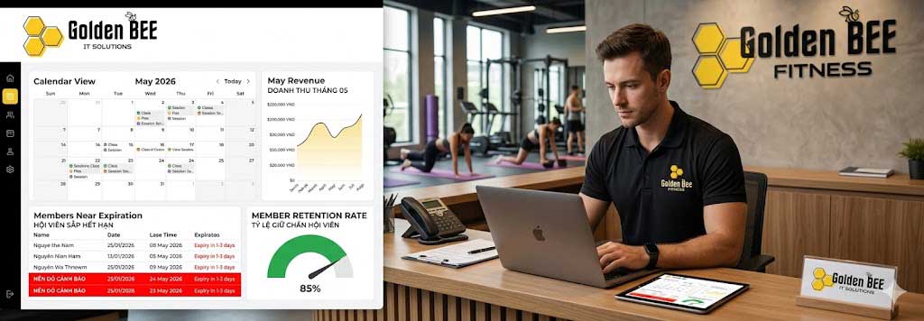 dashboard quản lý phòng tập gym yoga doanh thu lịch tổng thể tỷ lệ giữ chân hội viên