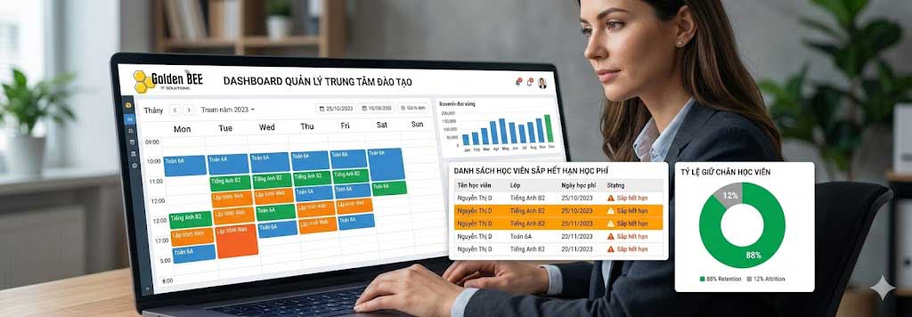 dashboard quản lý trung tâm anh ngữ lịch học tổng thể doanh thu công nợ học phí tỷ lệ giữ chân
