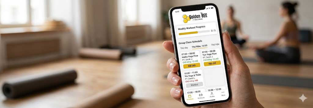 giao diện app gym yoga hội viên đặt lịch lớp nhóm theo dõi tiến độ tập luyện thanh toán