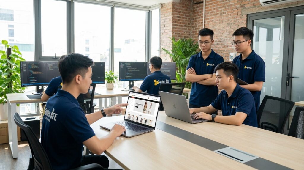 Đội ngũ nhân viên Golden Bee đang lập trình thiết kế web bán lẻ.