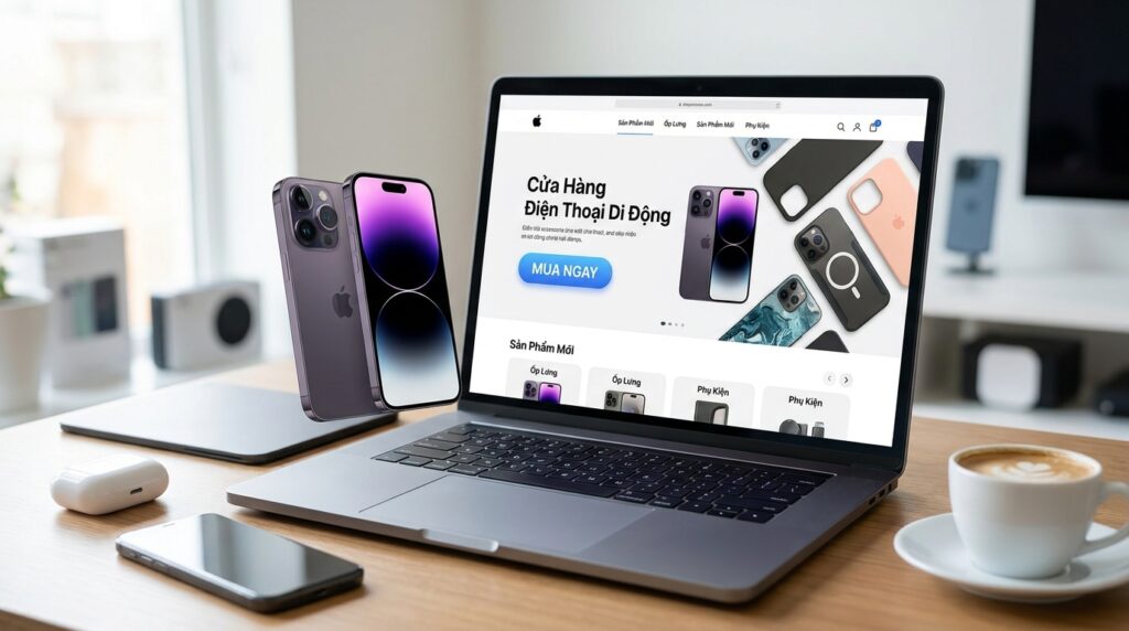 Giao diện thiết kế web điện thoại và phụ kiện trên màn hình máy tính.