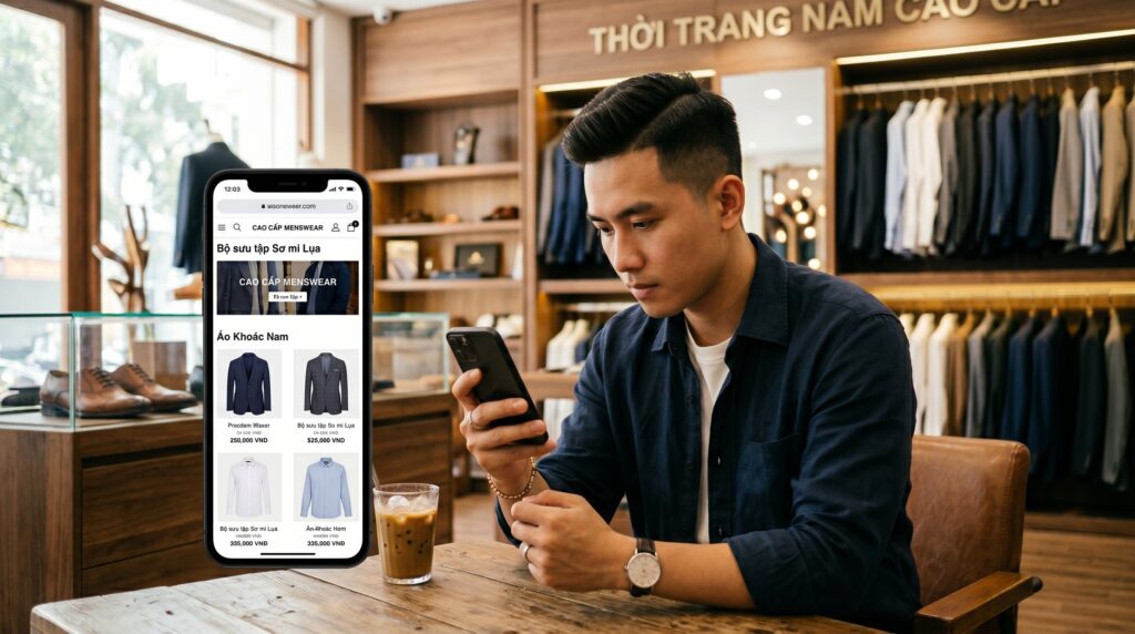 Khách hàng tìm kiếm các mẫu quần áo nam chất lượng trên mạng internet