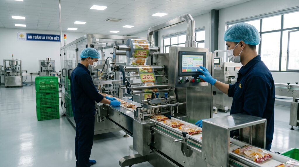 Công nhân vận hành máy chiết rót tự động trong phòng vô trùng