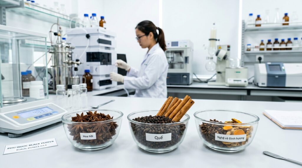 Kiểm tra các mẫu tiêu đen và hoa hồi trong phòng thí nghiệm