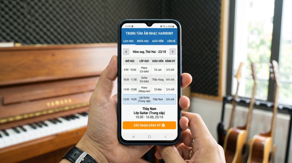 Tính năng xem lịch học và đặt lớp trên giao diện website di động