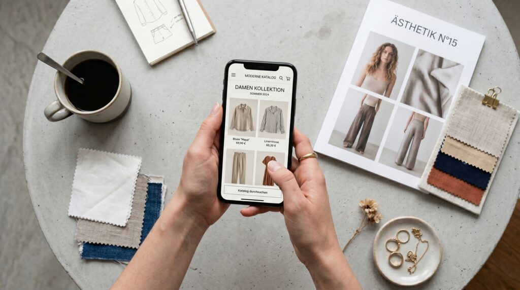 Người dùng trải nghiệm tính năng đặt mua quần áo trên giao diện thiết kế web thời trang nam di động