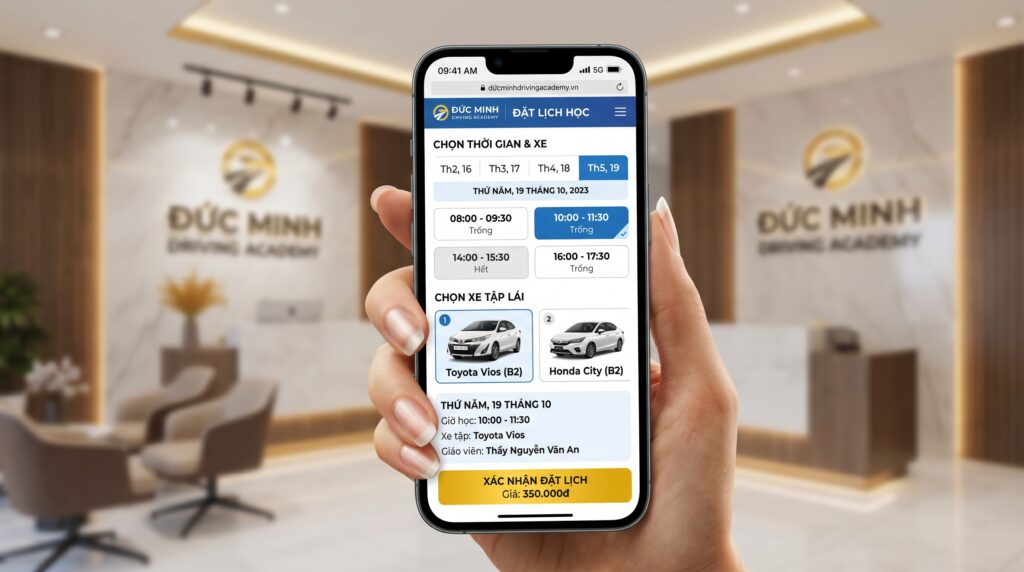 Tính năng đặt lịch học lái xe trên giao diện website di động