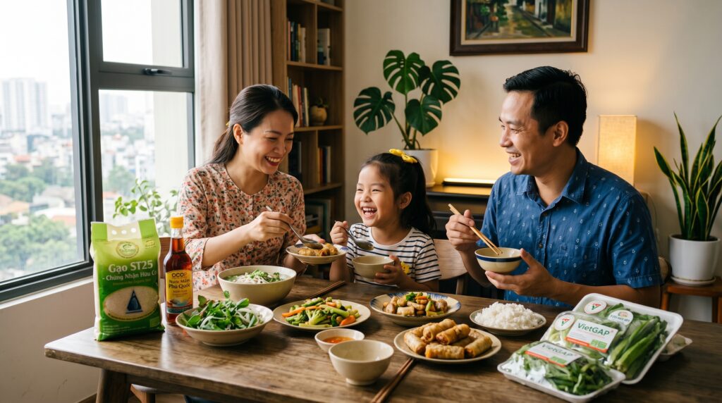 Mâm cơm gia đình ấm cúng với các món ăn Việt Nam truyền thống.