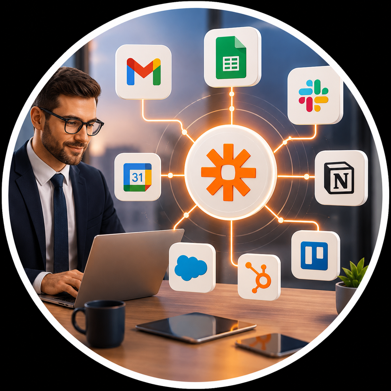 Zapier Automation là gì - Minh họa quy trình tự động hóa kết nối ứng dụng và tối ưu vận hành doanh nghiệp năm 2026