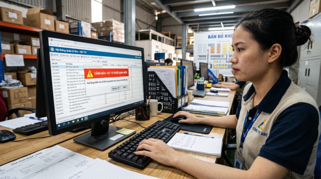 Cảnh báo tồn kho an toàn bằng phần mềm quản lý kho vải & nguyên phụ liệu may theo yêu cầu
