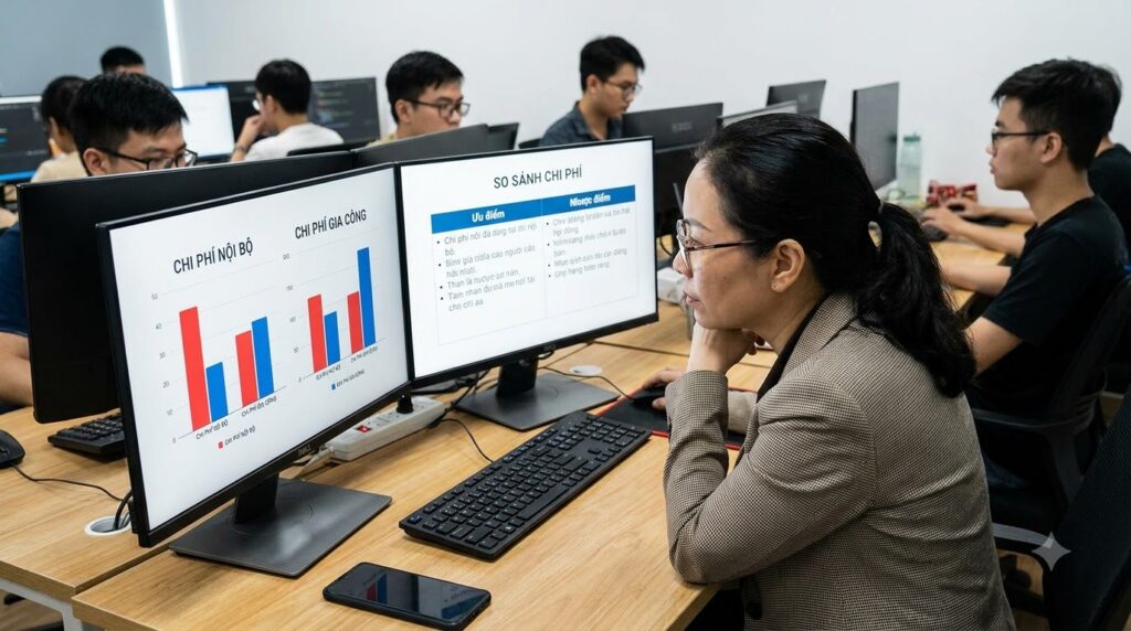 So sánh chi phí làm app trong nước và thuê ngoài đối với việc tự xây đội ngũ.