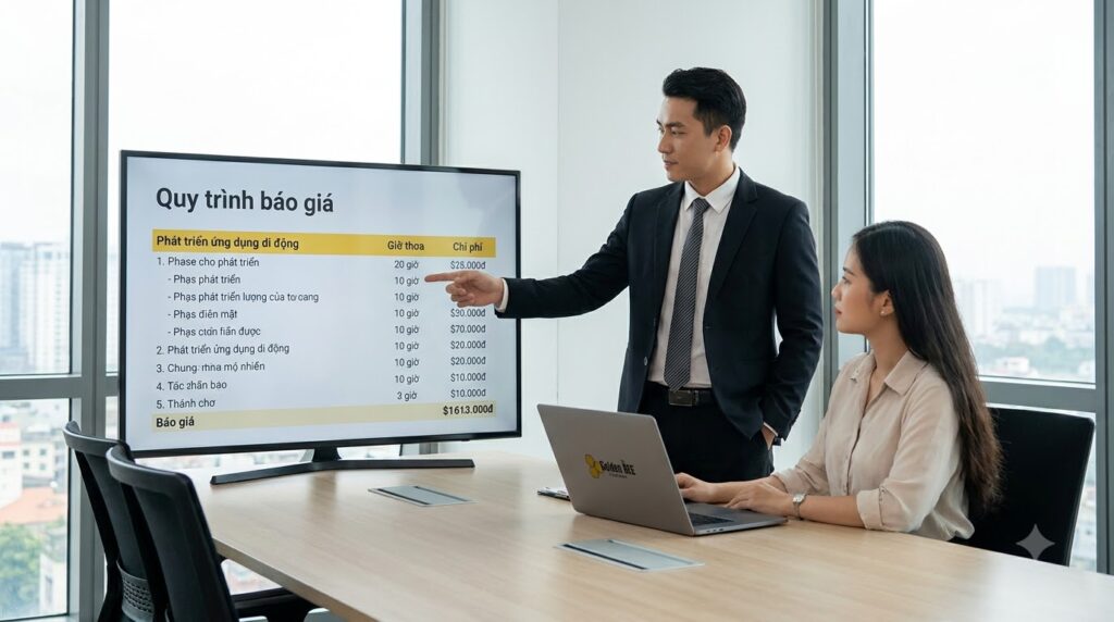 Quy trình tư vấn báo giá so sánh chi phí làm app trong nước và thuê ngoài tại Golden Bee.