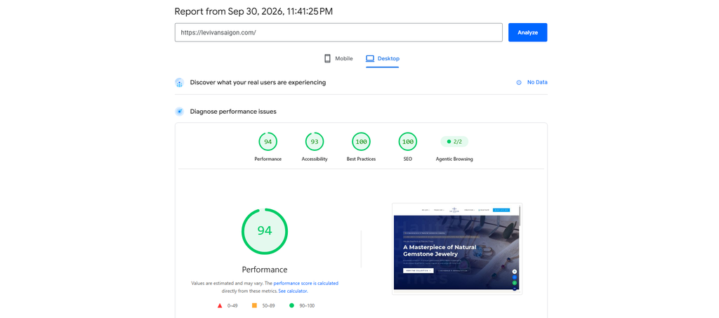 Tốc độ load website 94 điểm sau khi hoàn thành website