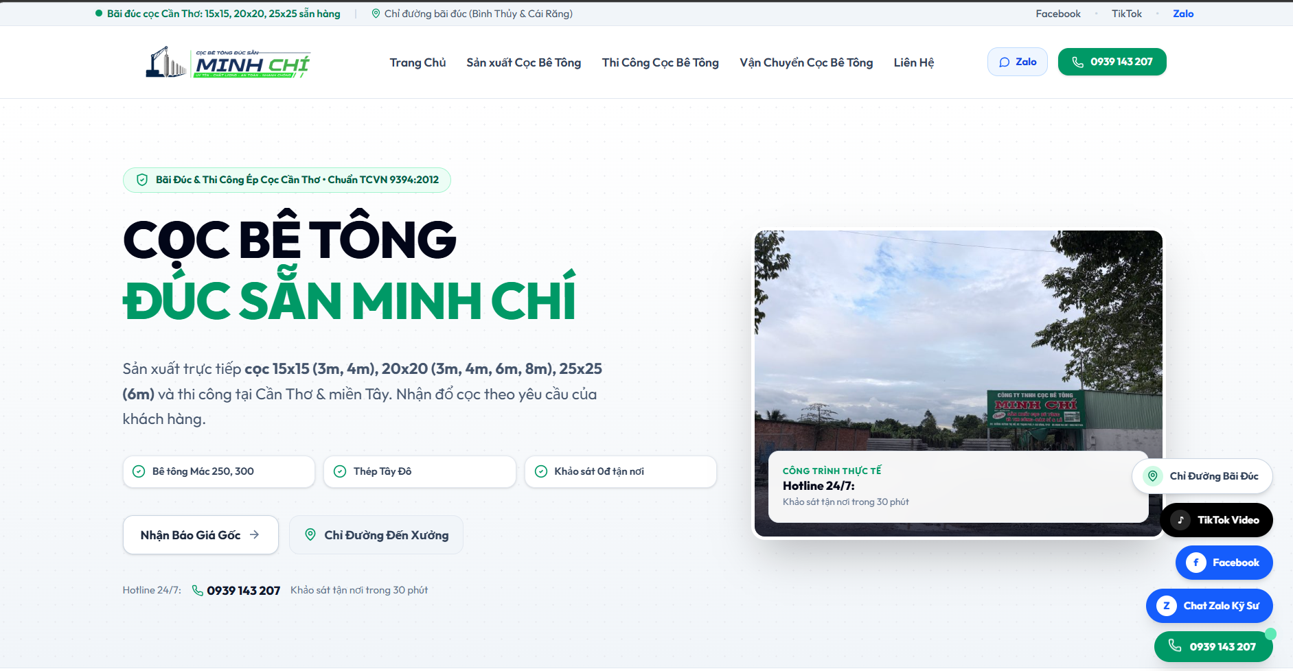 Trang chủ website cọc bê tông đúc sẵn Minh Chí do Golden Bee thiết kế.