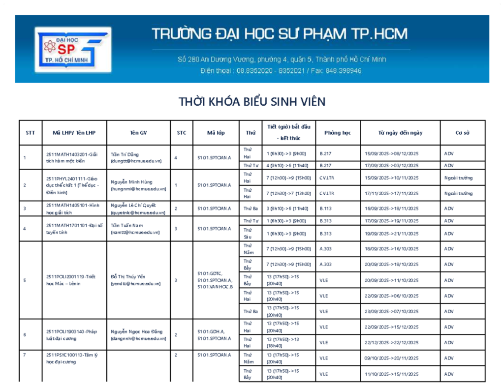 thời khoá biểu sinh viên