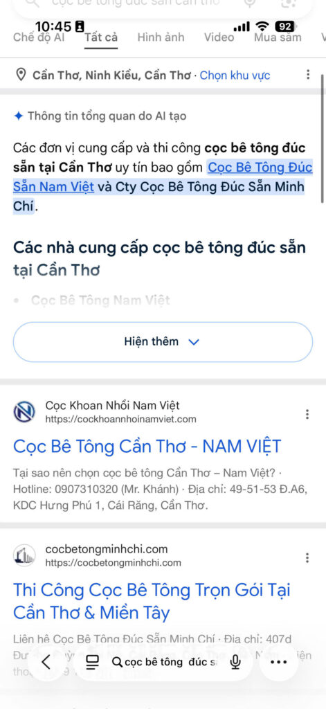 từ khoá cọc bê tông đúc sẵn Cần Thơ